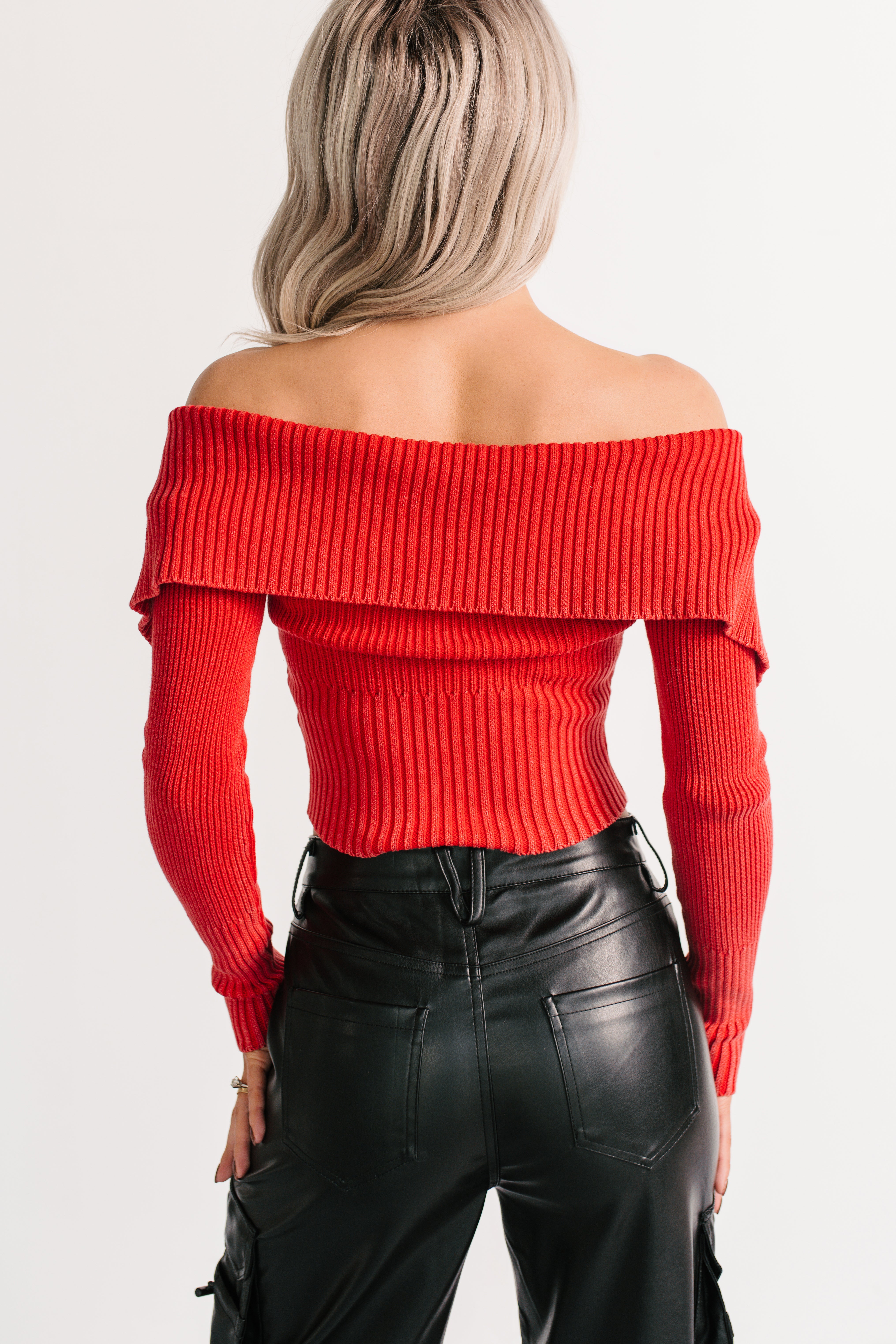 Sweet Spell Off The Shoulder Zip-Up Sweater (Red) - NanaMacs