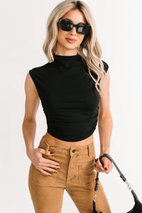 One More Kiss Cap Sleeve Mock Neck Crop Top (Black) - NanaMacs