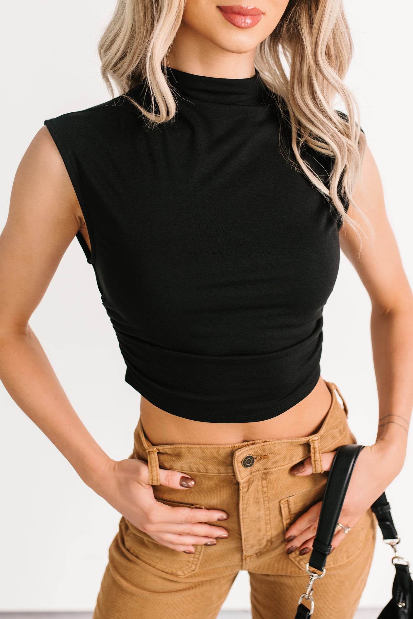One More Kiss Cap Sleeve Mock Neck Crop Top (Black) - NanaMacs