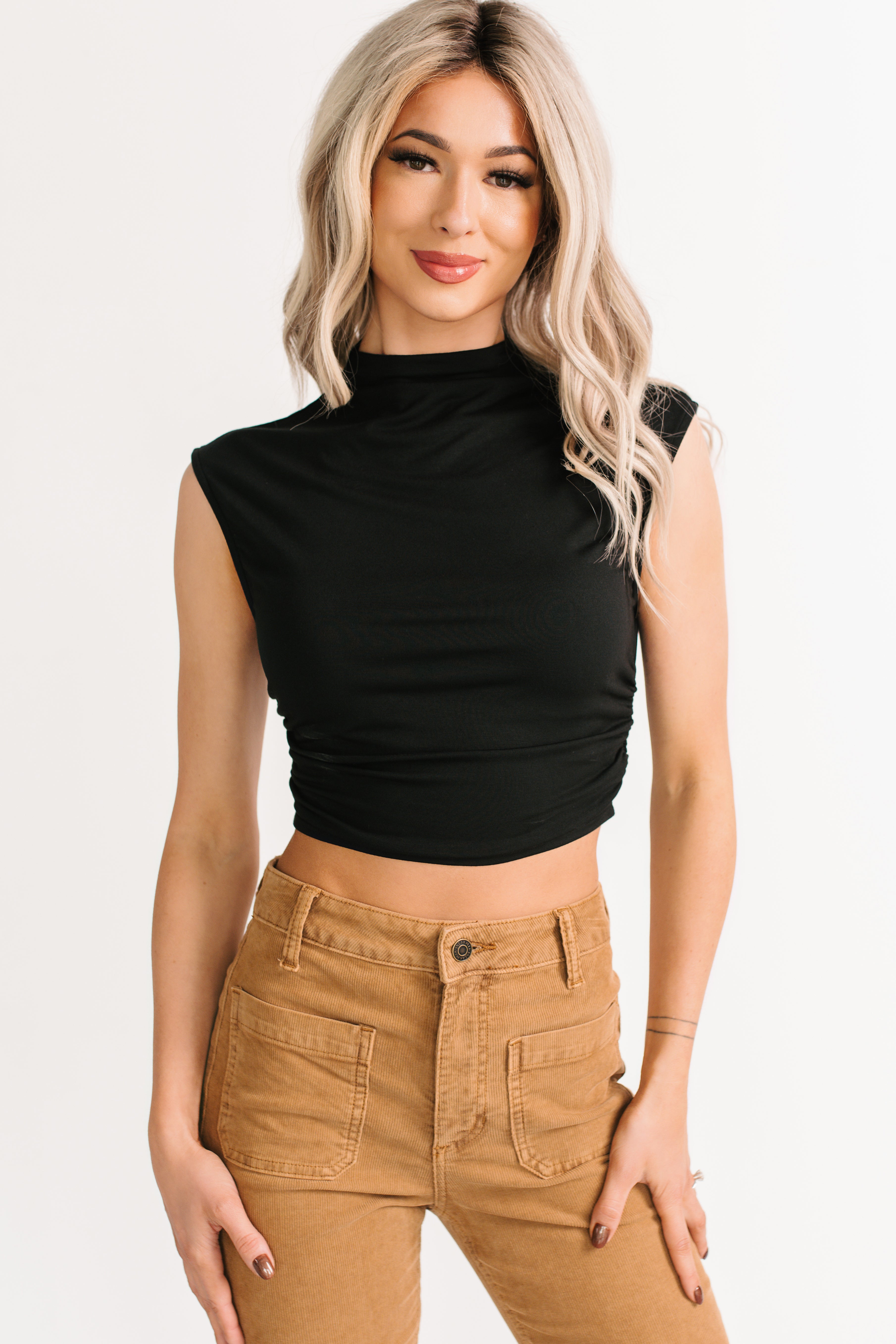 One More Kiss Cap Sleeve Mock Neck Crop Top (Black) - NanaMacs