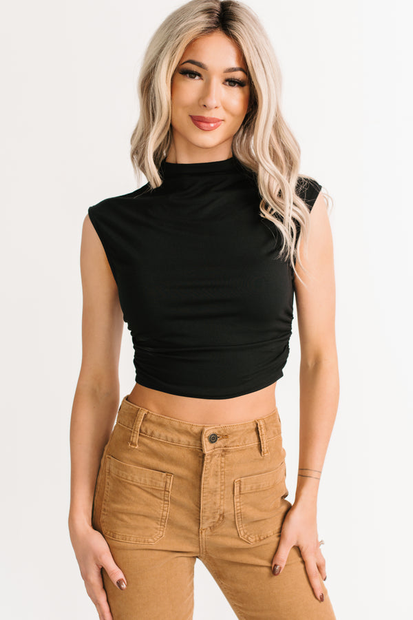 One More Kiss Cap Sleeve Mock Neck Crop Top (Black) - NanaMacs