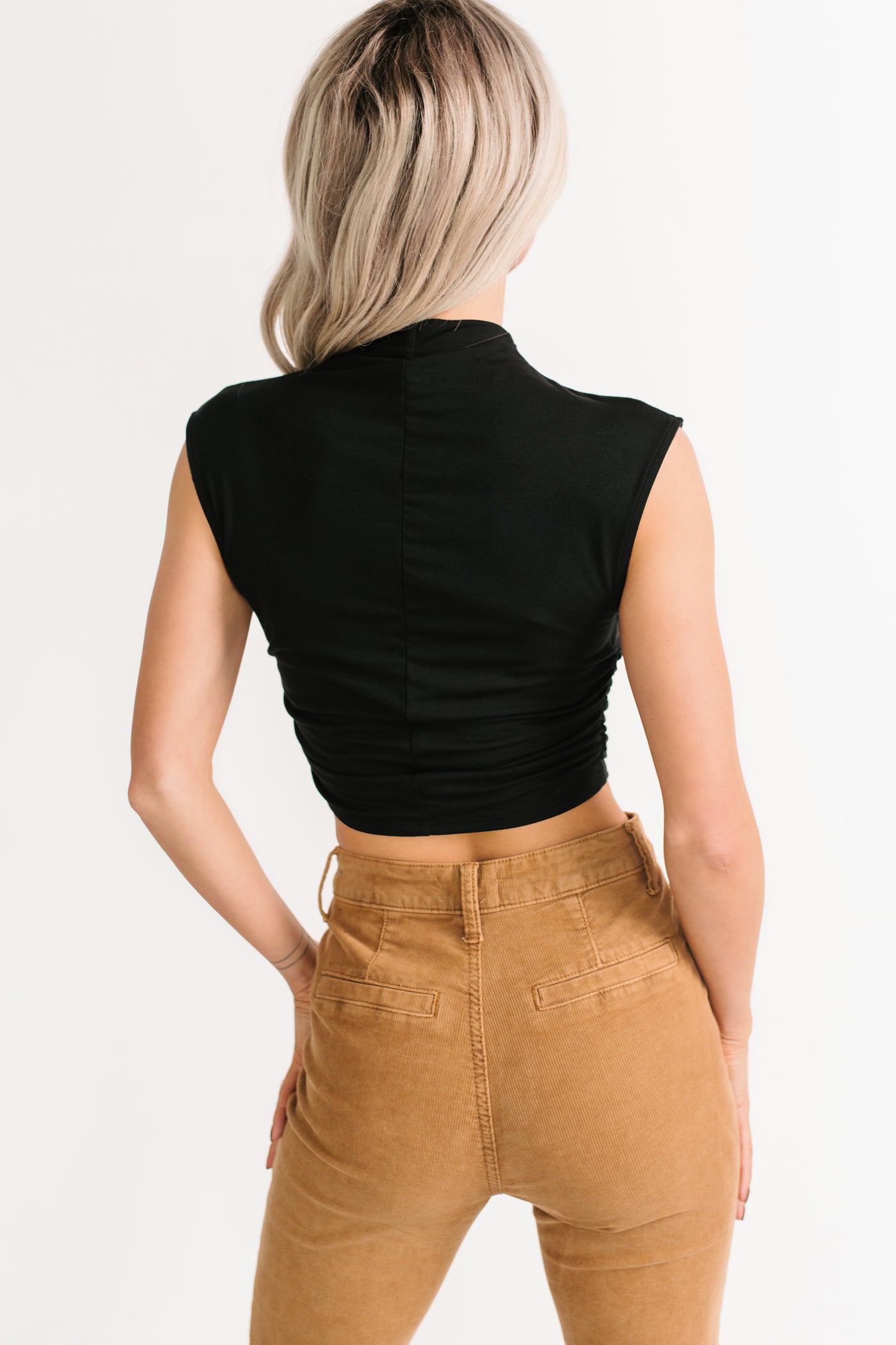 One More Kiss Cap Sleeve Mock Neck Crop Top (Black) - NanaMacs