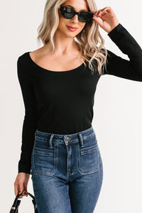 Natural Glow Scoop Neck Ribbed Top (Black) - NanaMacs