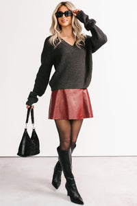 Winter Lane Waffle Knit V Neck Sweater (Charcoal) - NanaMacs