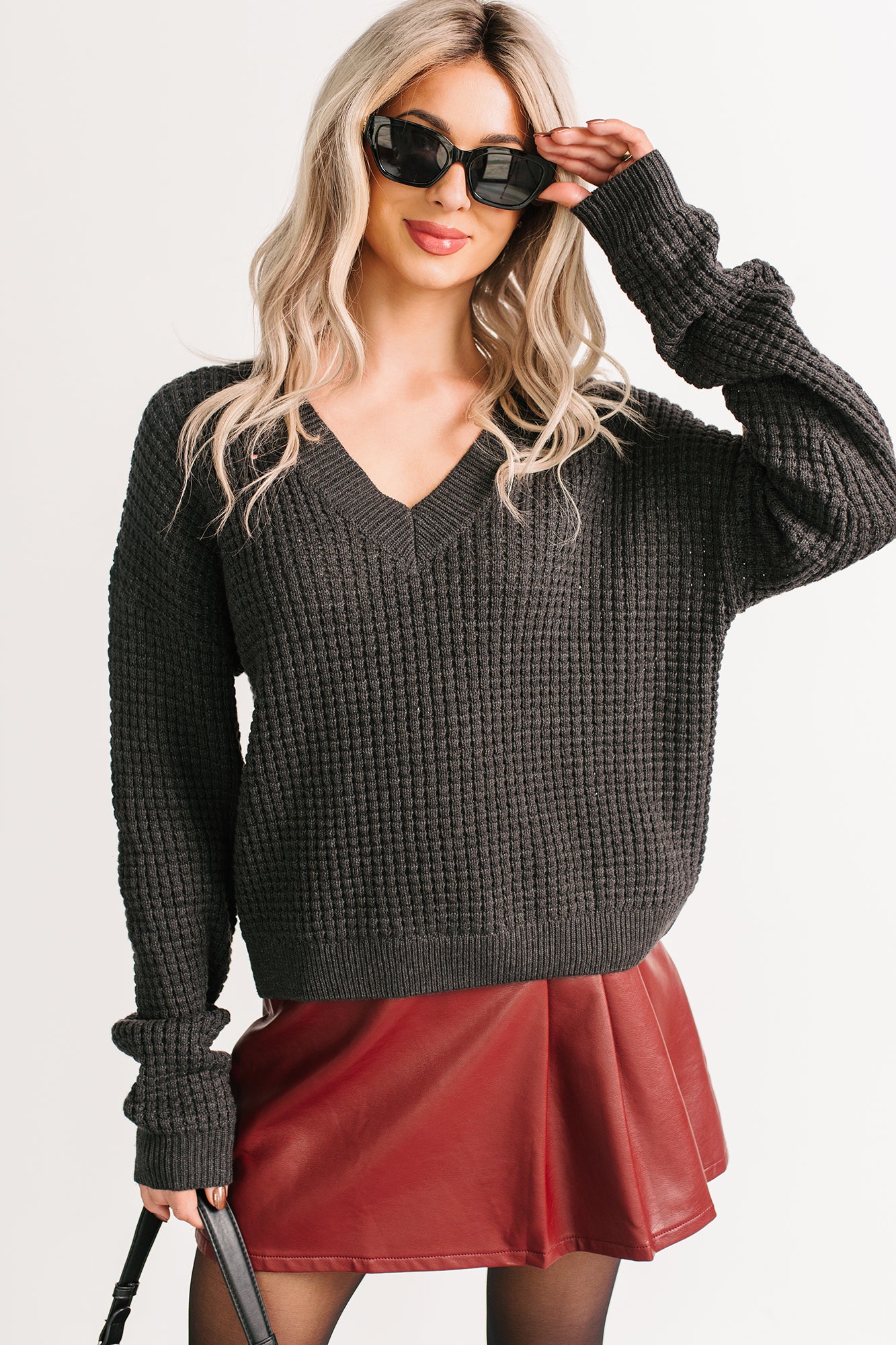 Winter Lane Waffle Knit V Neck Sweater (Charcoal) - NanaMacs