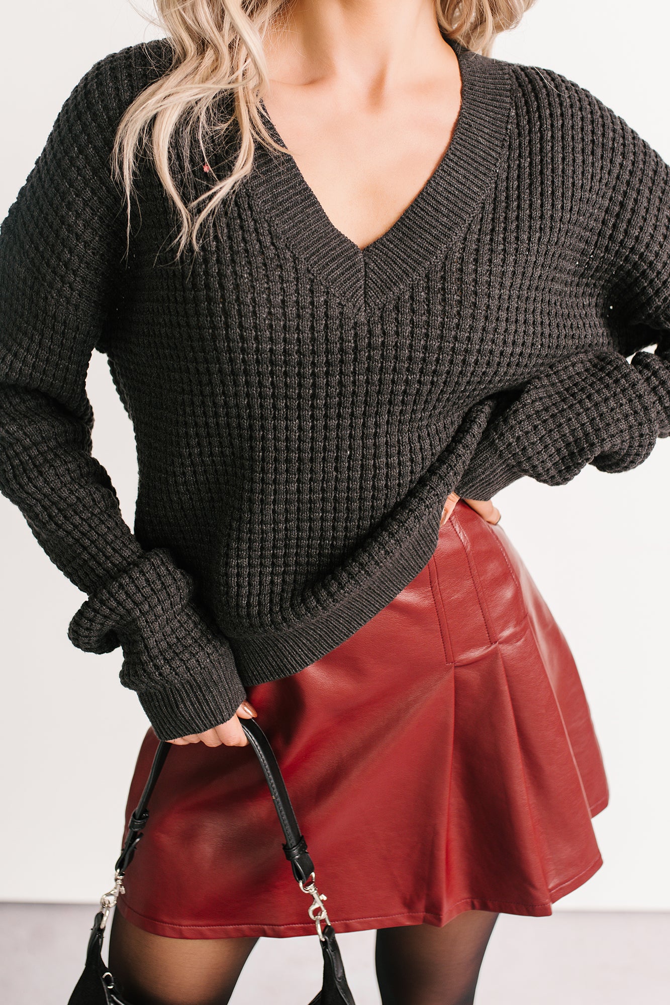 Winter Lane Waffle Knit V Neck Sweater (Charcoal) - NanaMacs