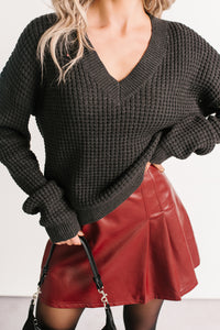 Winter Lane Waffle Knit V Neck Sweater (Charcoal) - NanaMacs