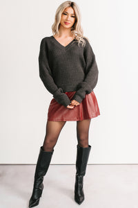 Winter Lane Waffle Knit V Neck Sweater (Charcoal) - NanaMacs