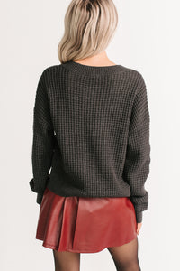 Winter Lane Waffle Knit V Neck Sweater (Charcoal) - NanaMacs