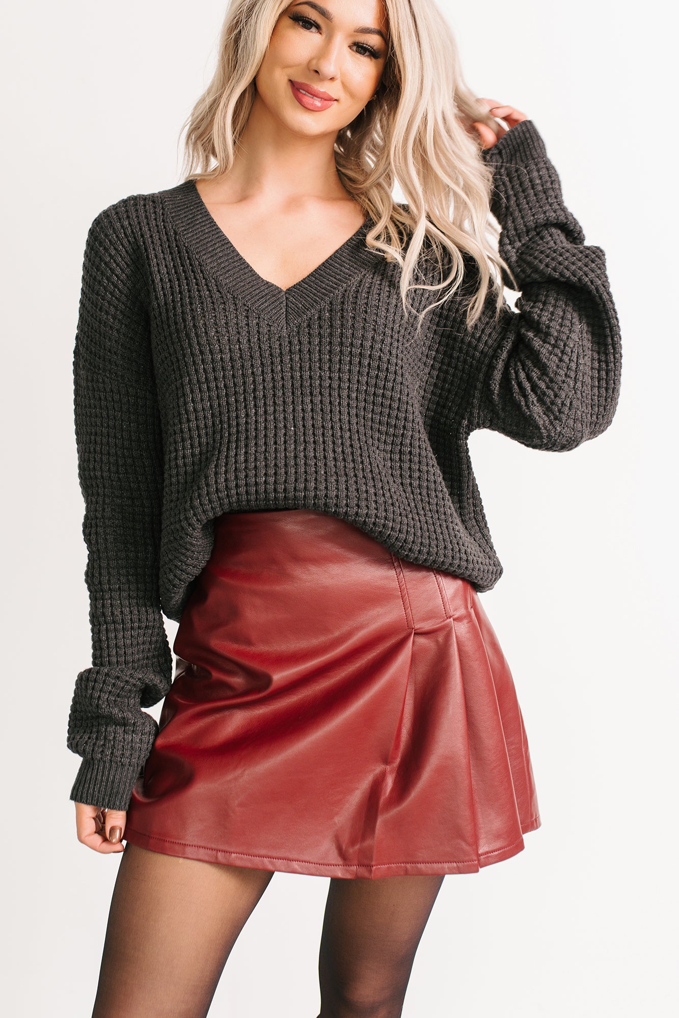 Winter Lane Waffle Knit V Neck Sweater (Charcoal) - NanaMacs