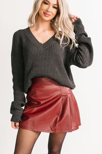 Winter Lane Waffle Knit V Neck Sweater (Charcoal) - NanaMacs