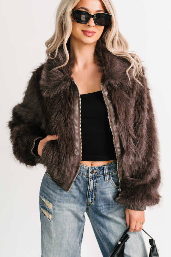No Comparisons Faux Fur Plush Zip-Up Jacket (Brown)