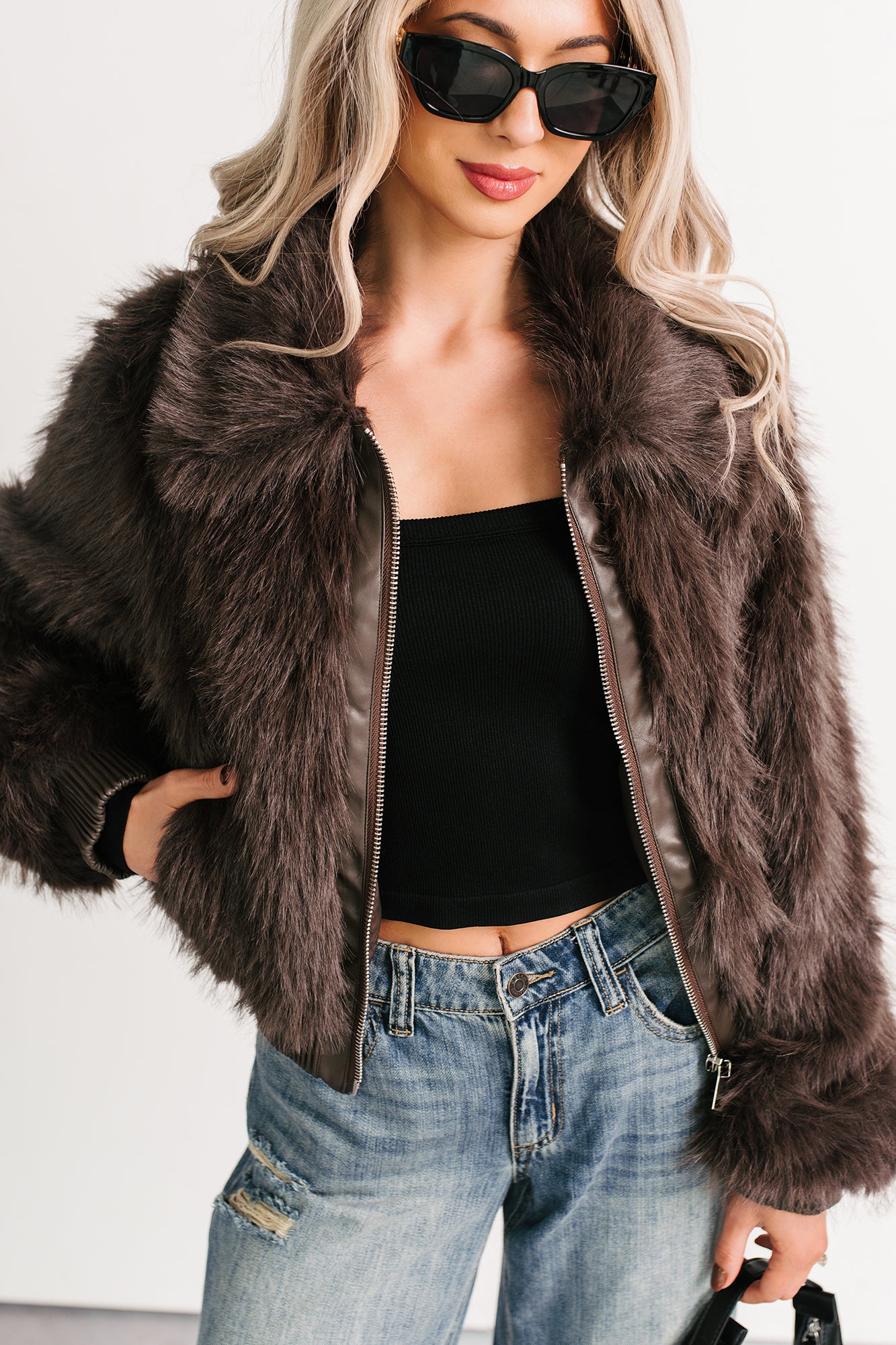 No Comparisons Faux Fur Plush Zip-Up Jacket (Brown) - NanaMacs