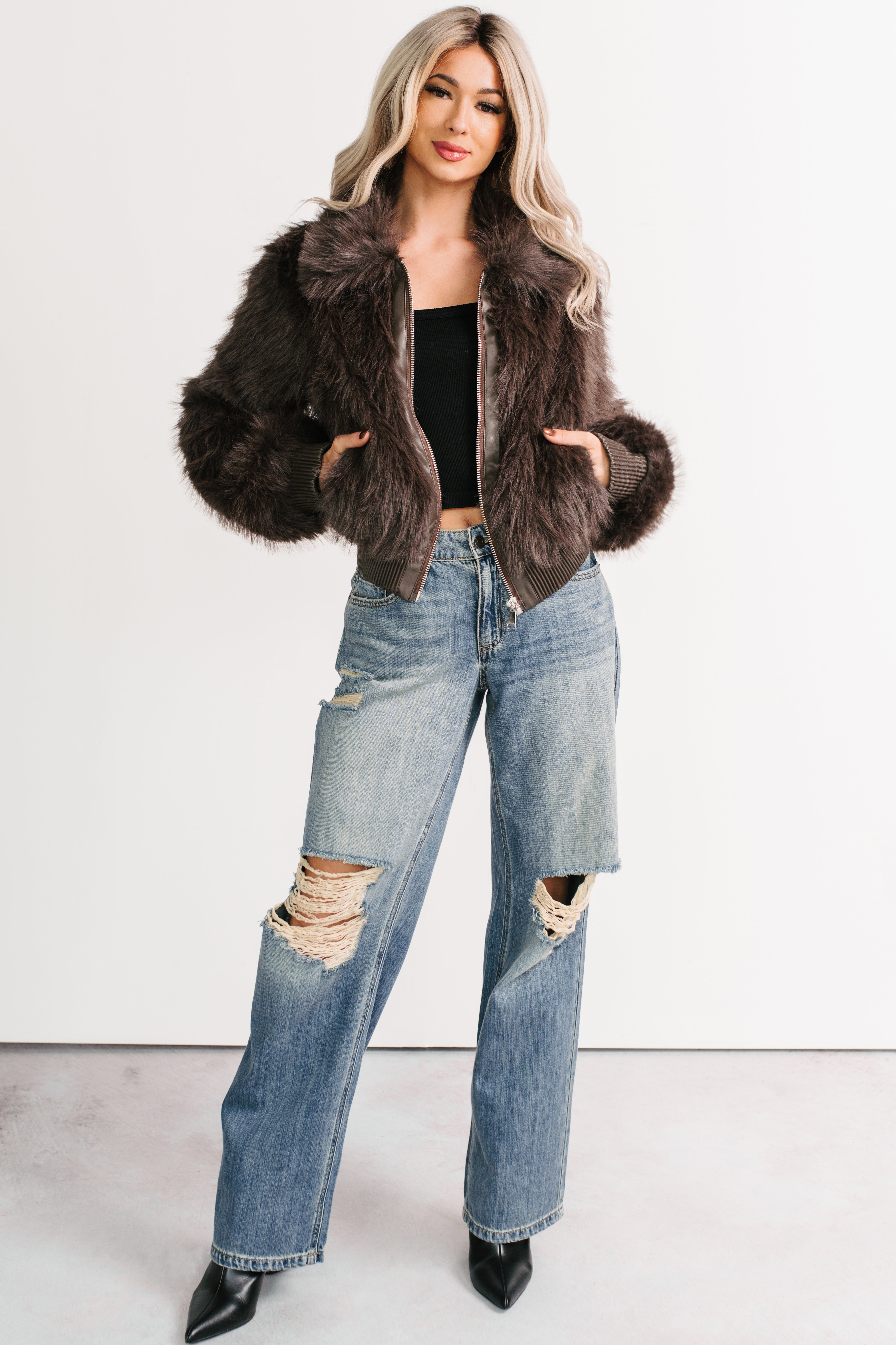 No Comparisons Faux Fur Plush Zip-Up Jacket (Brown) · NanaMacs