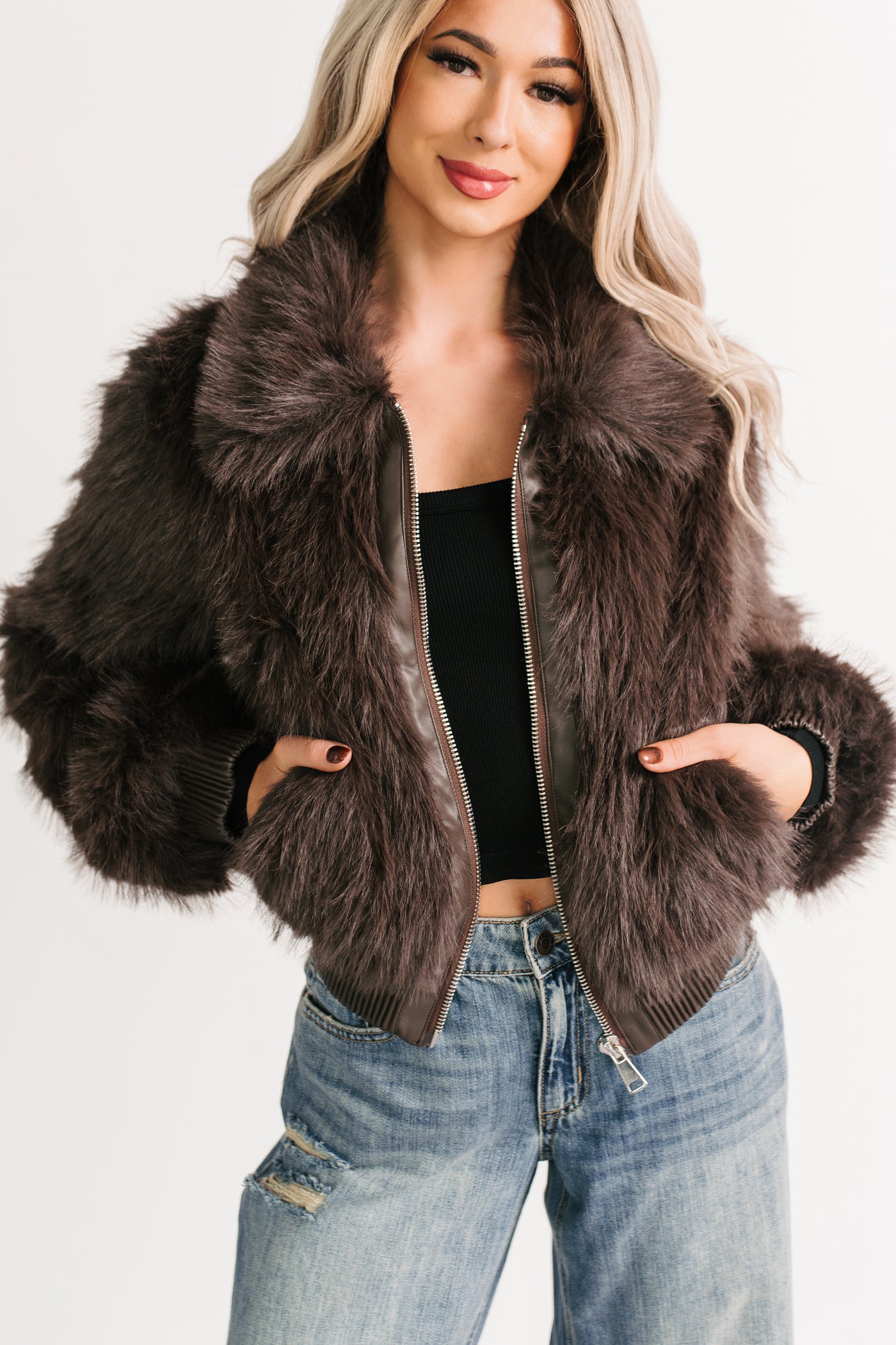 No Comparisons Faux Fur Plush Zip-Up Jacket (Brown) - NanaMacs