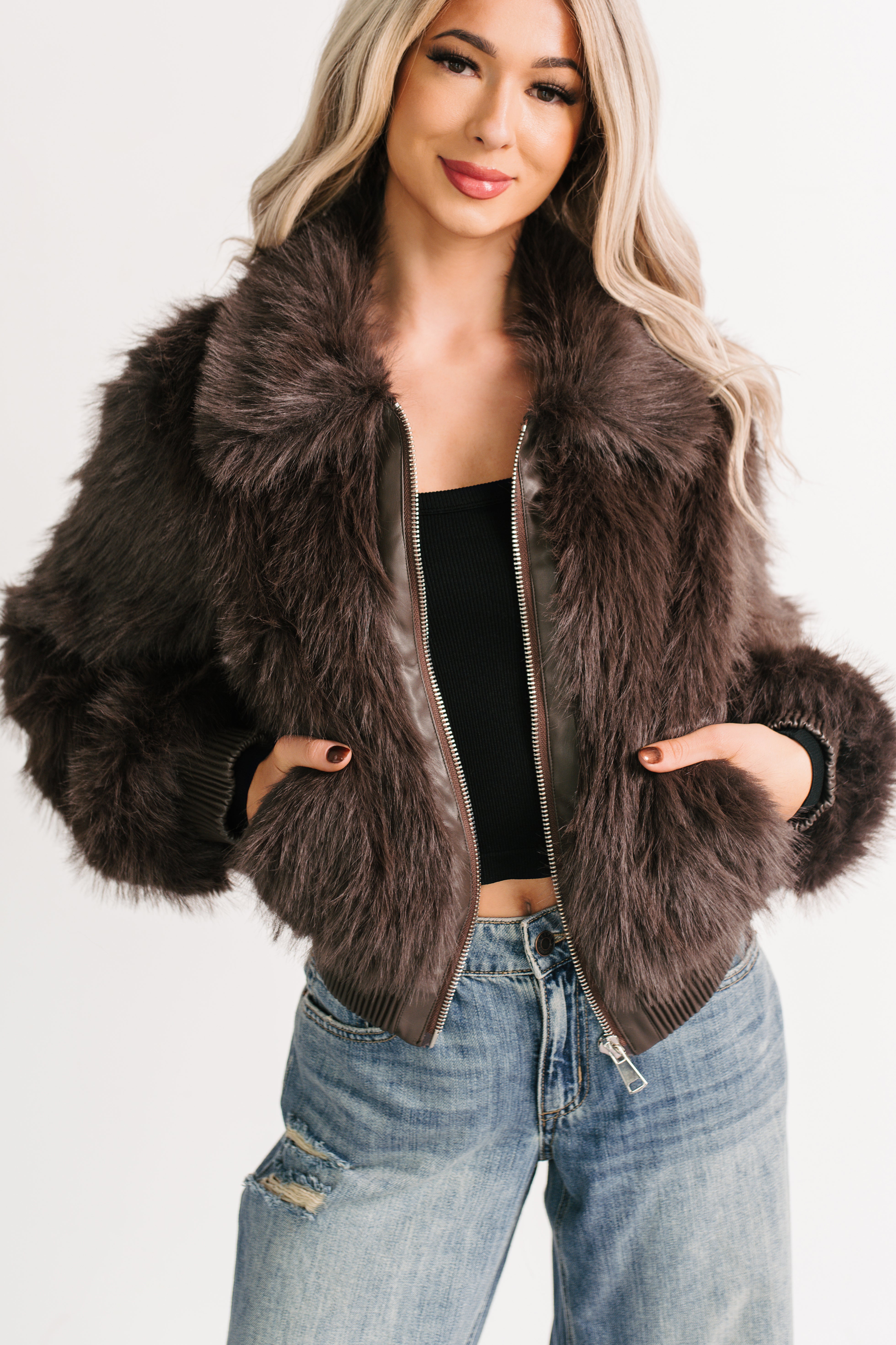 No Comparisons Faux Fur Plush Zip-Up Jacket (Brown) - NanaMacs