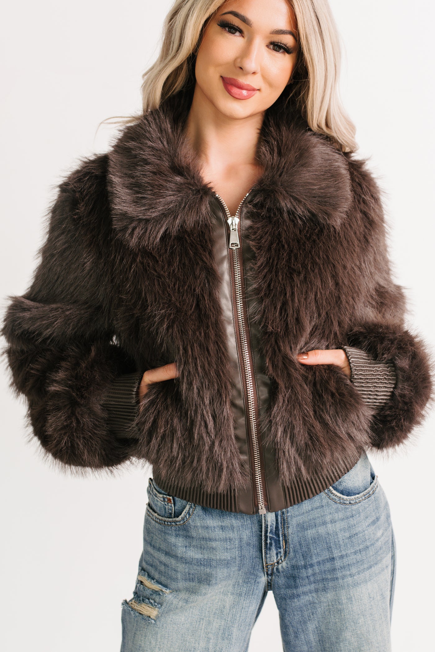 No Comparisons Faux Fur Plush Zip-Up Jacket (Brown) - NanaMacs