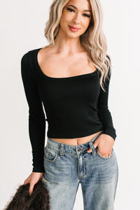 Easy Attitude Scoop Neck Ribbed Crop Top (Black) - NanaMacs