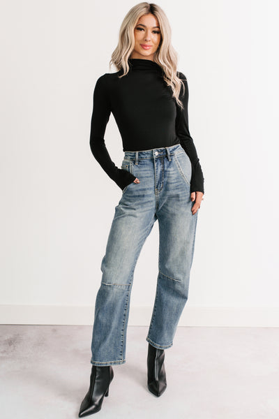 Darling Effect Mock Neck Long Sleeve Top (Black) - NanaMacs