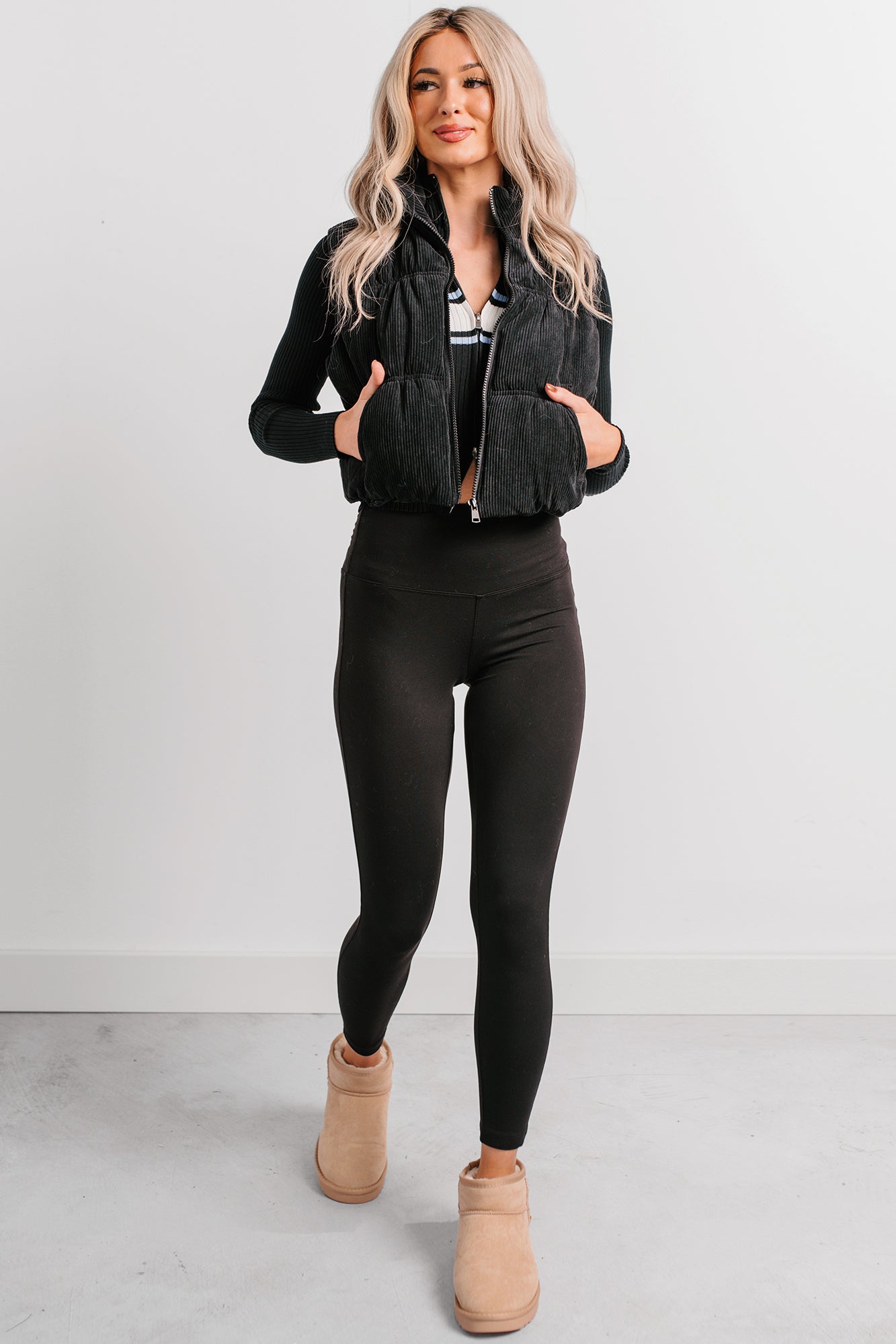 Dream State Ribbed Knit Zip-Up Striped Top (Black) - NanaMacs