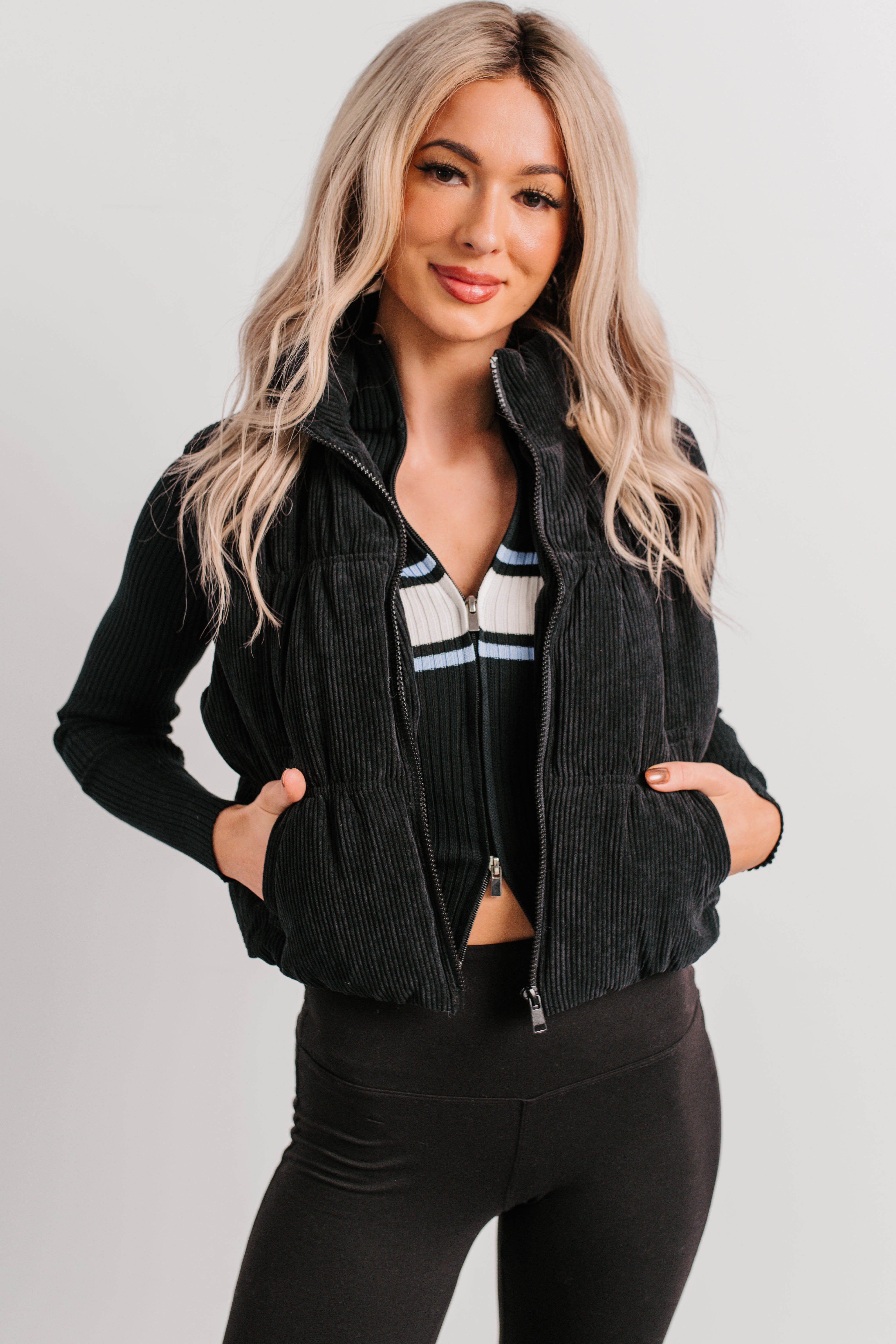 Deep Connections Corduroy Puffer Vest (Black) - NanaMacs