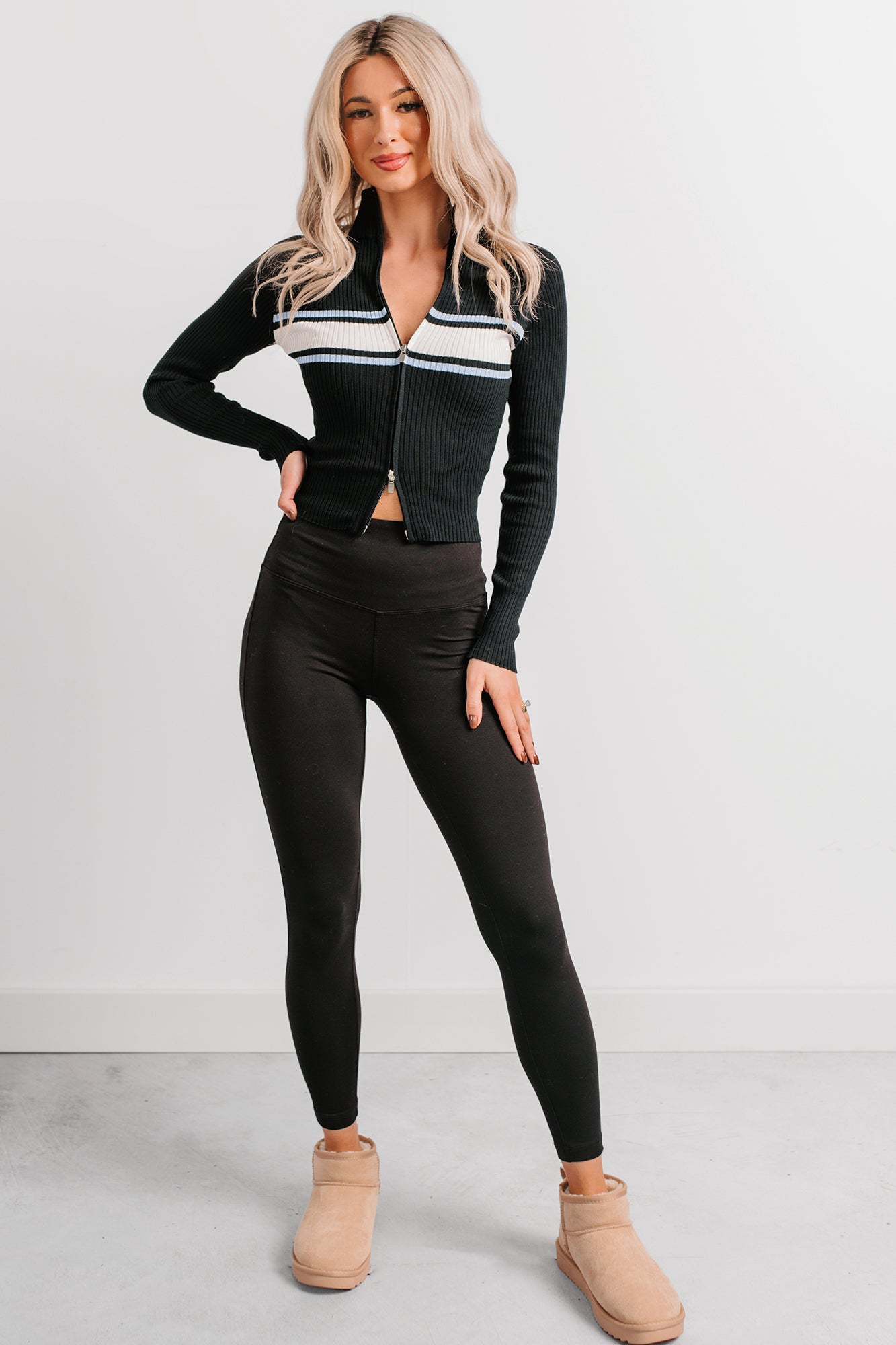 Dream State Ribbed Knit Zip-Up Striped Top (Black) - NanaMacs