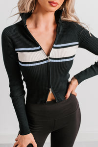 Dream State Ribbed Knit Zip-Up Striped Top (Black) - NanaMacs
