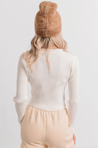 Half Serious Long Sleeve Ribbed Knit Polo Top (Ivory) - NanaMacs