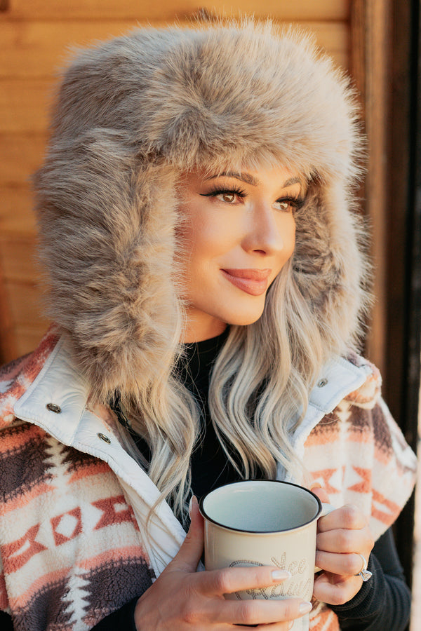 Frosty Nights Faux Fur Hooded Winter Hat (Khaki) - NanaMacs