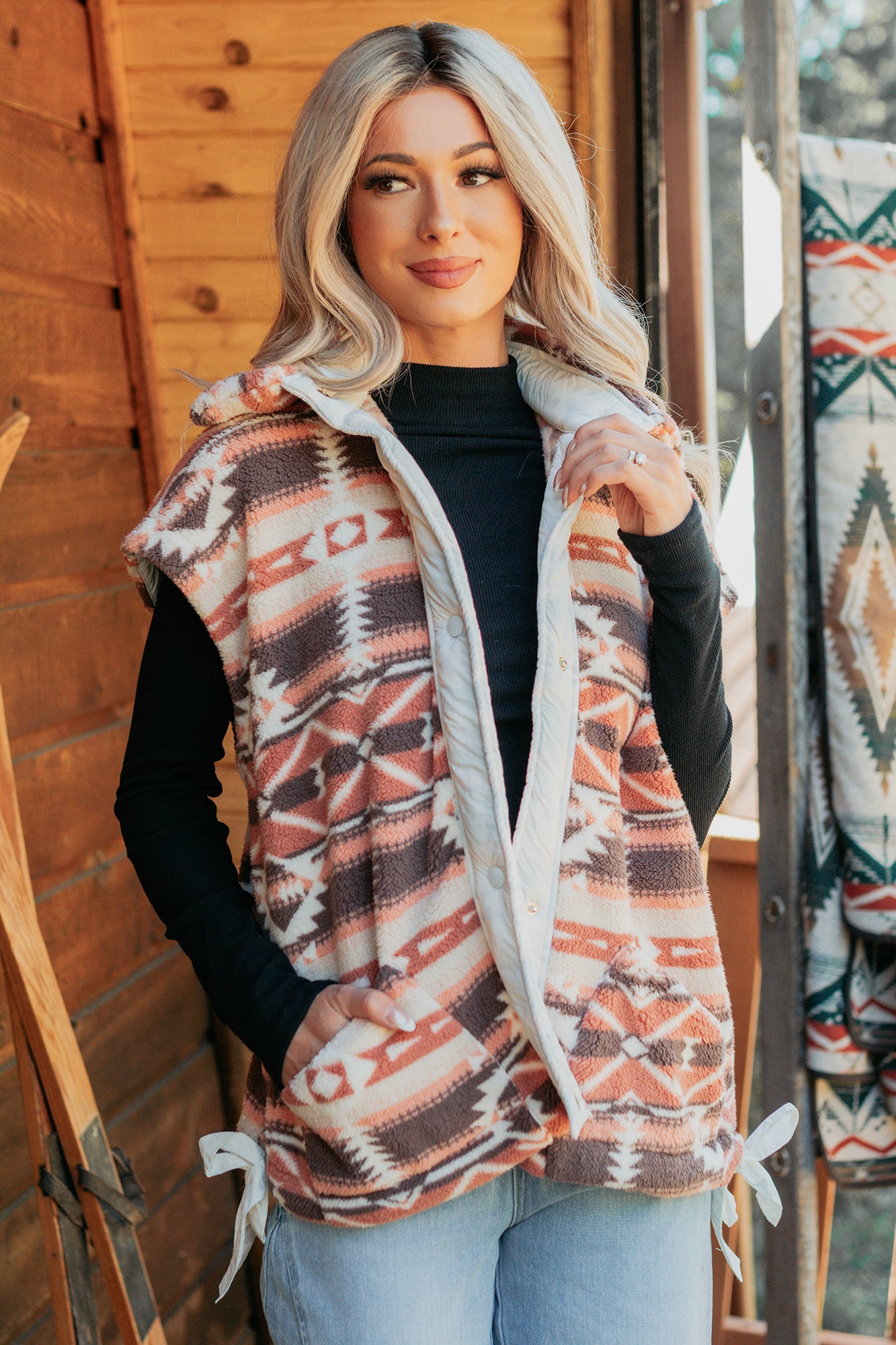 Lost In Motion Fleece Button-Up Vest (Rust/Multi) - NanaMacs