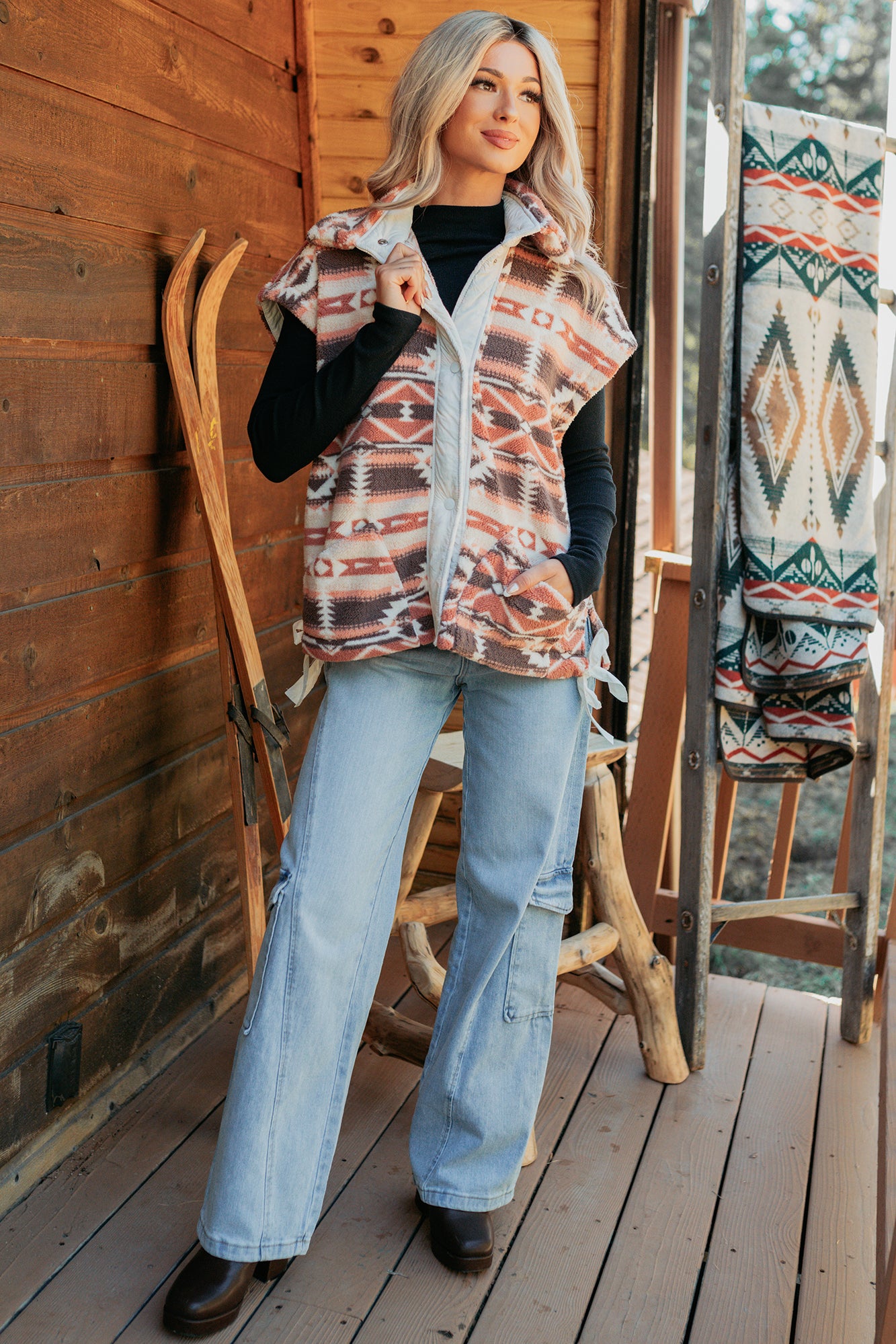 Lost In Motion Fleece Button-Up Vest (Rust/Multi) - NanaMacs