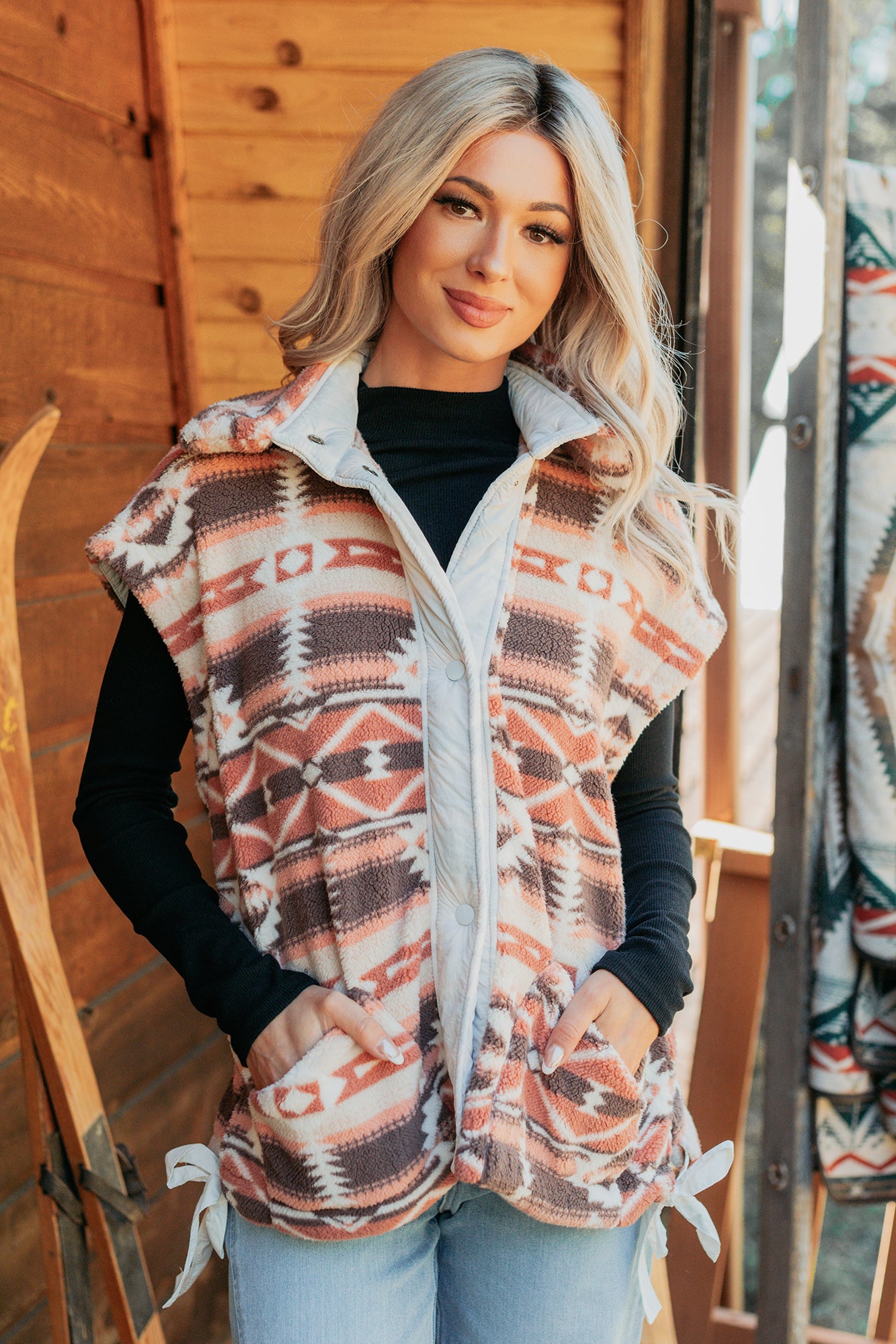 Lost In Motion Fleece Button-Up Vest (Rust/Multi) - NanaMacs