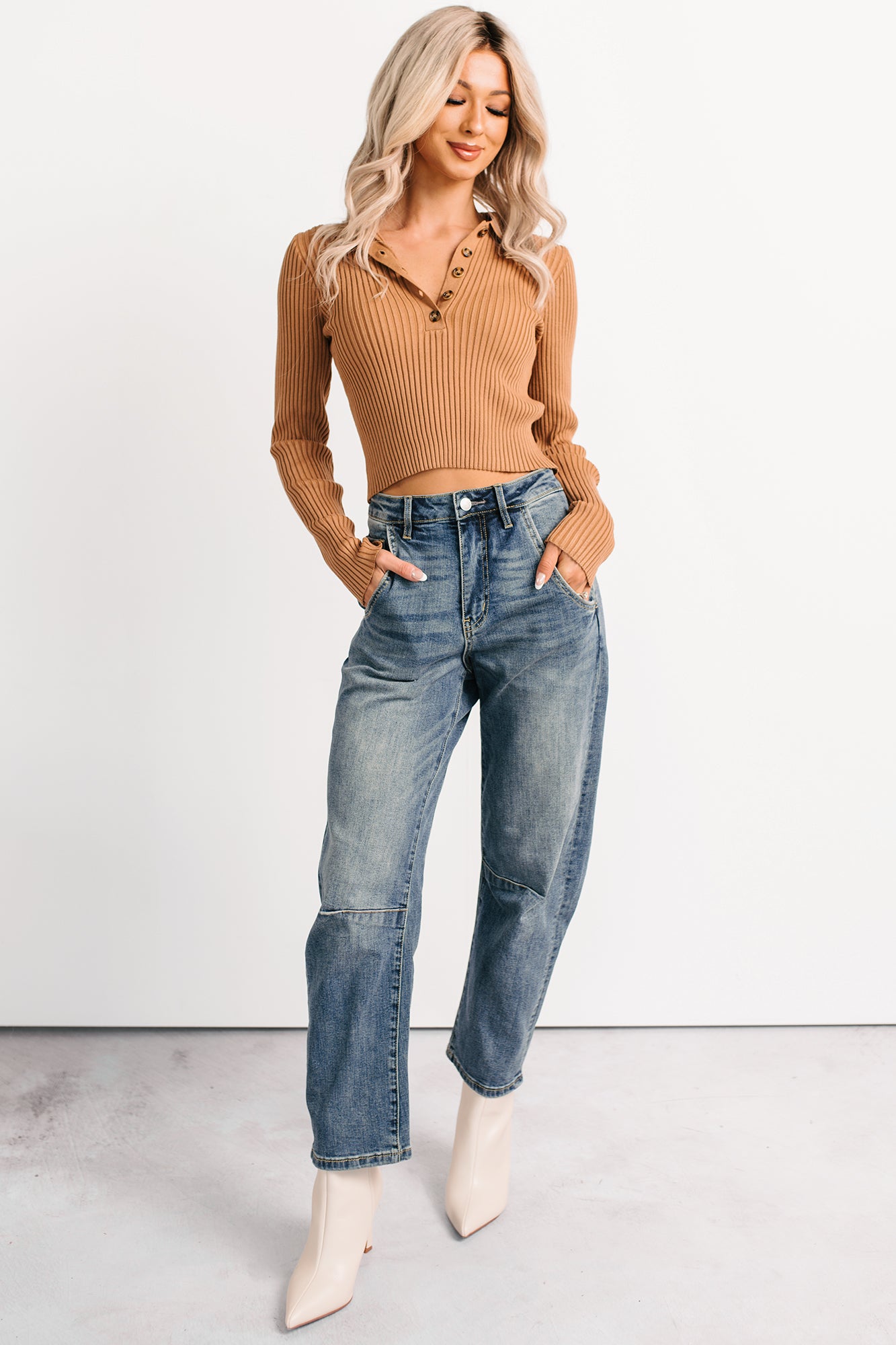 Half Serious Long Sleeve Ribbed Knit Polo Top (Camel) - NanaMacs