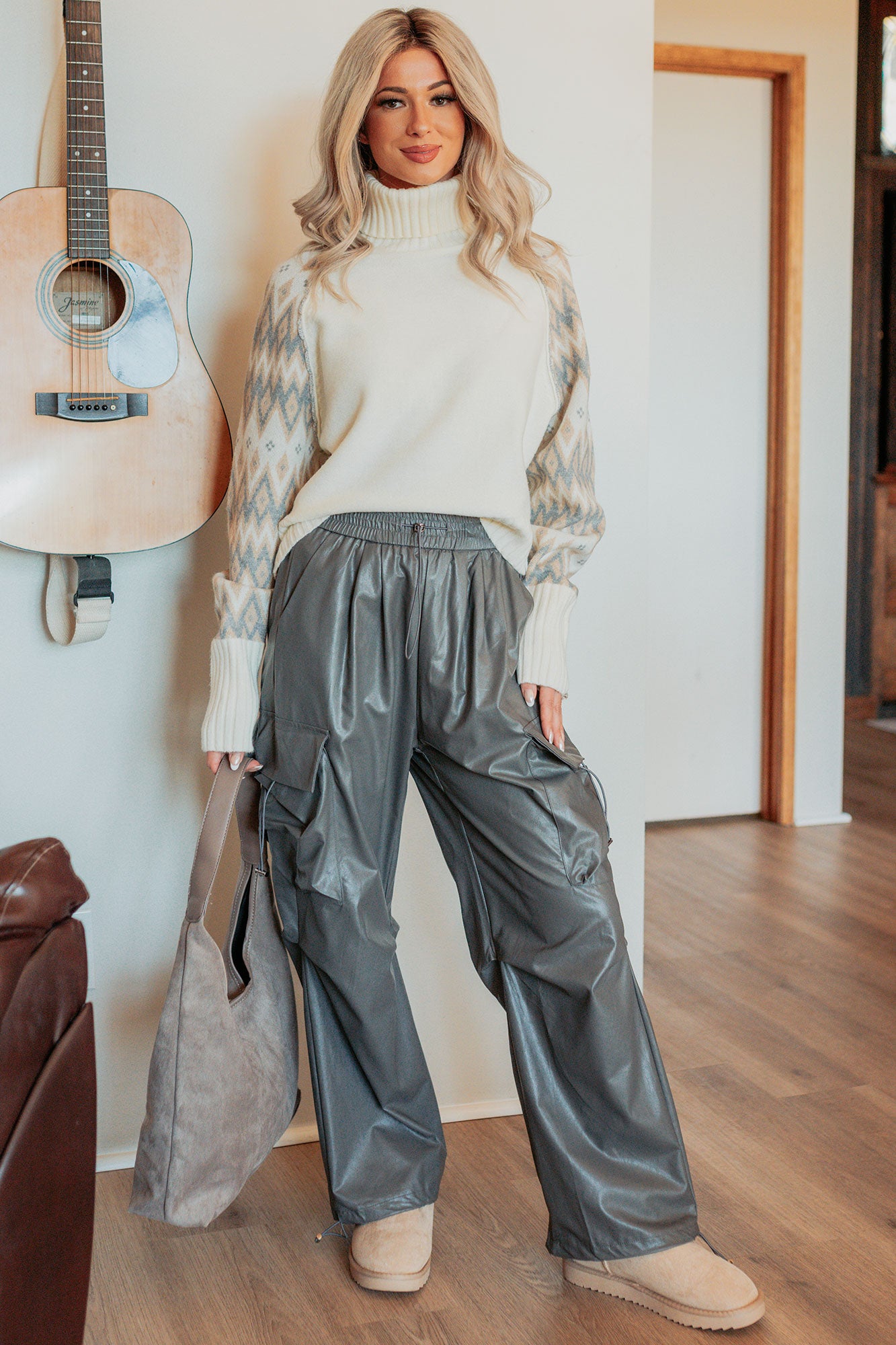 Don’t Be Shy Faux Leather Cargo Pants (Grey) - NanaMacs