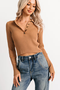 Half Serious Long Sleeve Ribbed Knit Polo Top (Camel) - NanaMacs