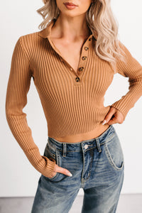 Half Serious Long Sleeve Ribbed Knit Polo Top (Camel) - NanaMacs