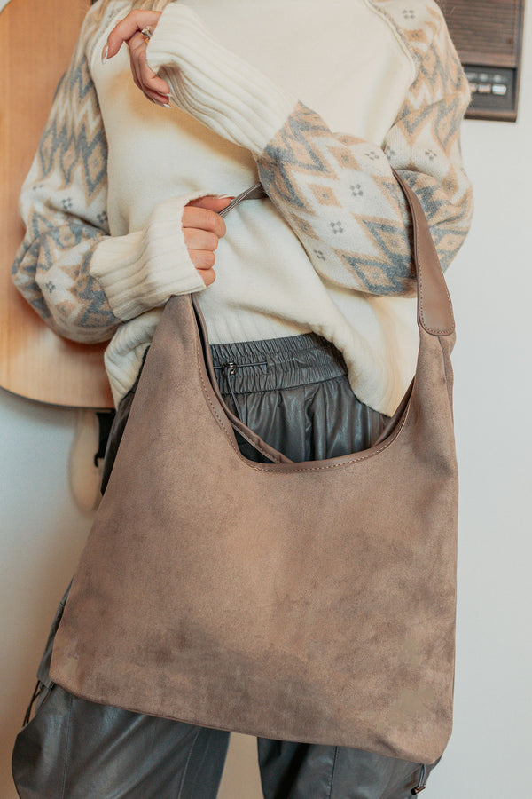 Plain Spoken Faux Suede Leather Trim Bag (Khaki) - NanaMacs