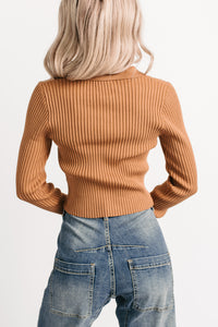 Half Serious Long Sleeve Ribbed Knit Polo Top (Camel) - NanaMacs