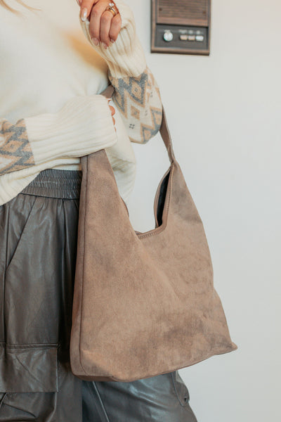 Plain Spoken Faux Suede Leather Trim Bag (Khaki) - NanaMacs