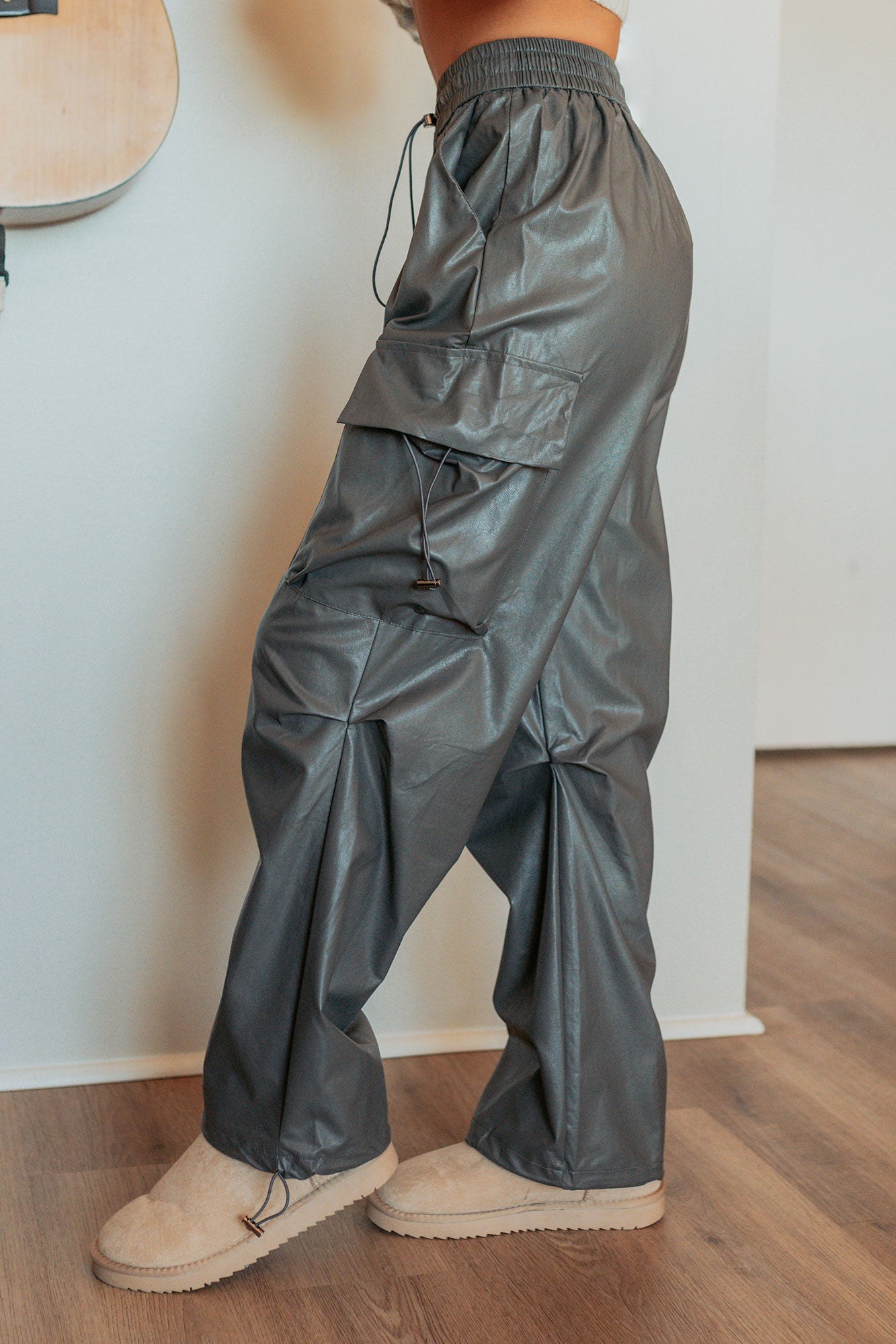 Don’t Be Shy Faux Leather Cargo Pants (Grey) - NanaMacs