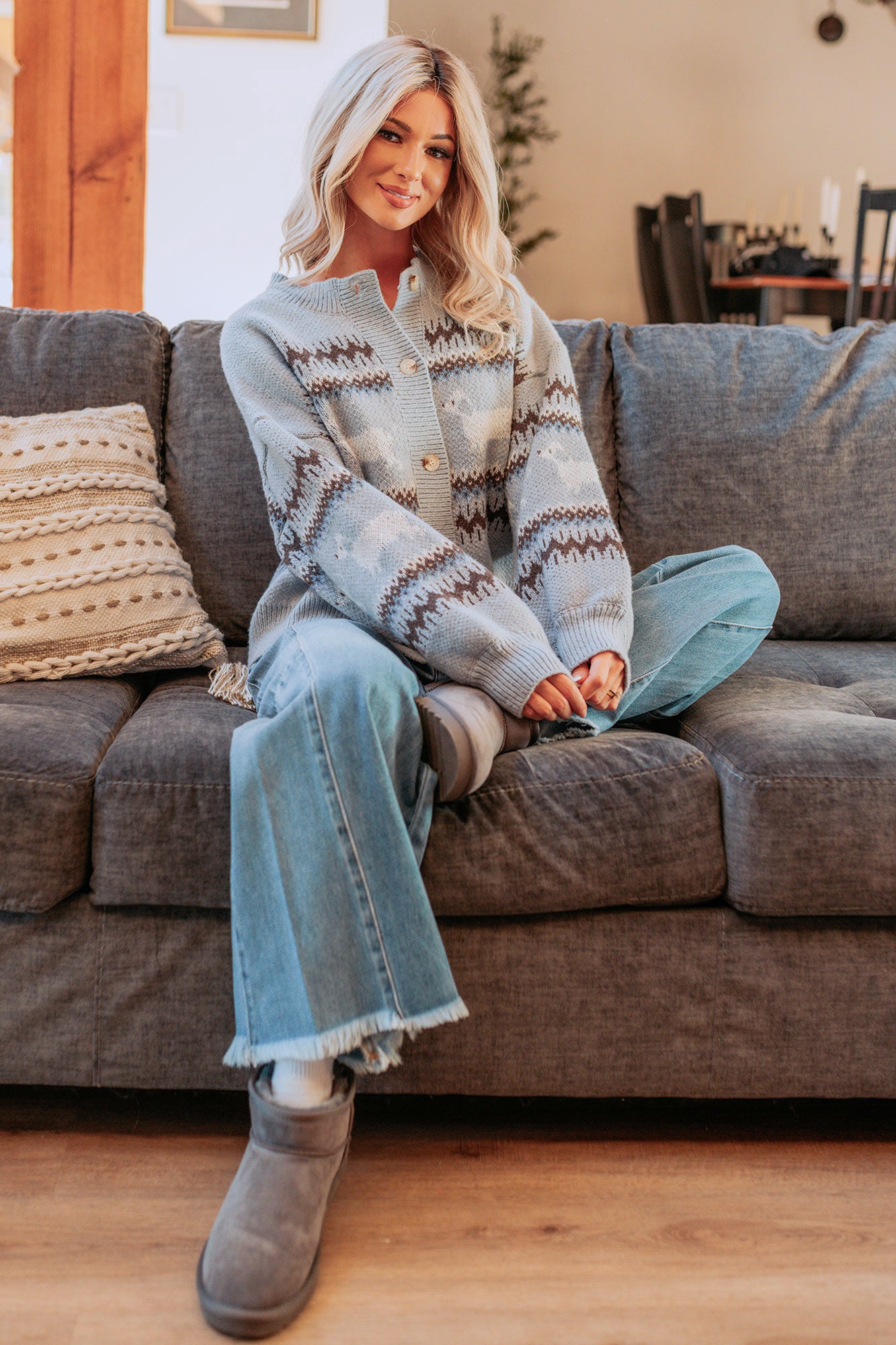 True Living Fair Isle Pattern Cardigan (Light Blue) - NanaMacs