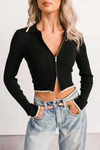 Wrapped Warm Contrast Trim Cable Knit Top (Black) - NanaMacs
