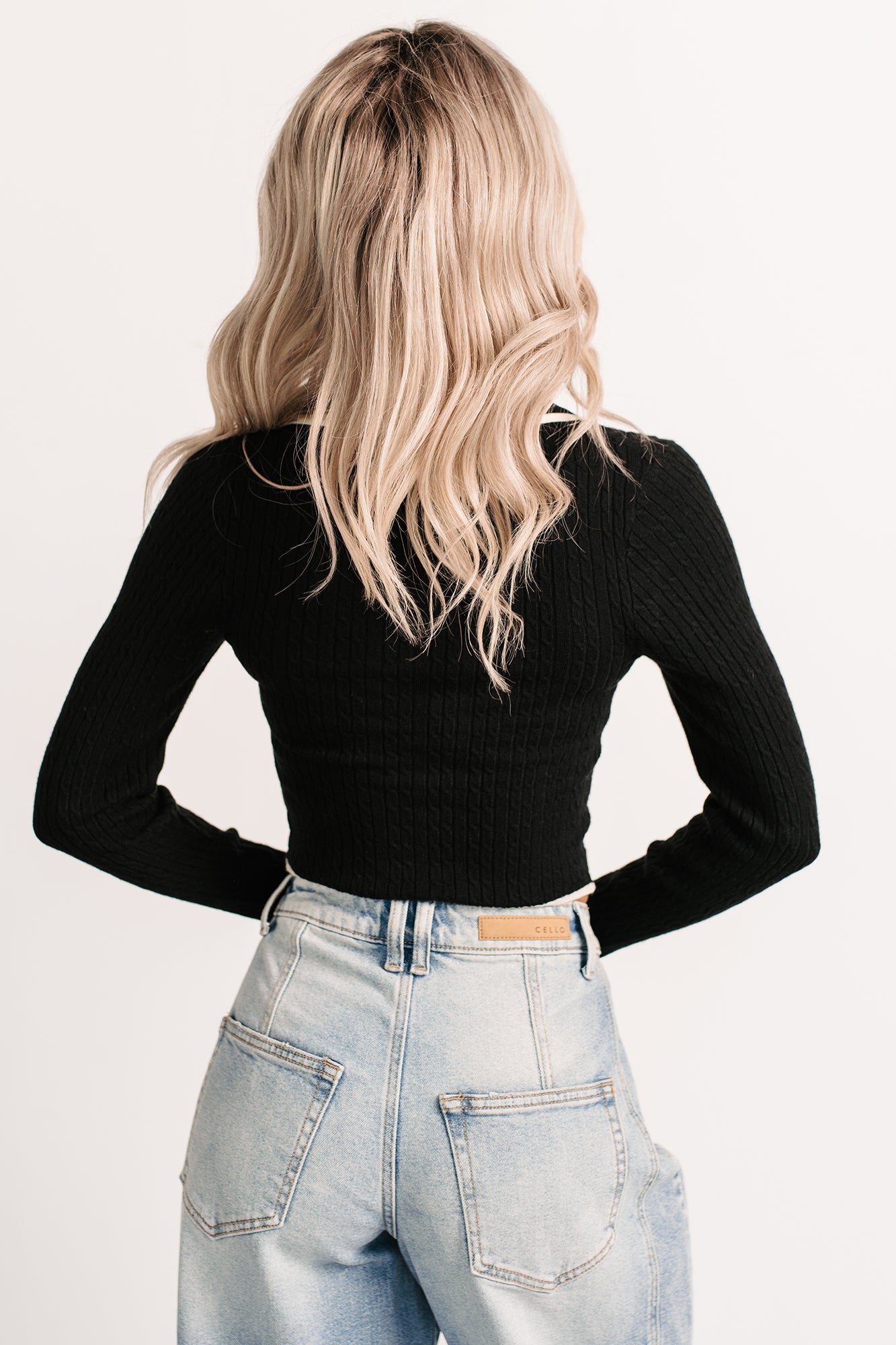 Wrapped Warm Contrast Trim Cable Knit Top (Black) - NanaMacs