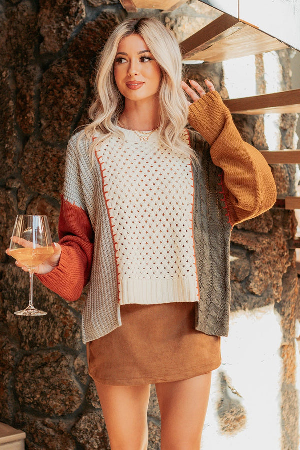 Under Wraps Cable Knit Color Block Sweater (Rust/Multi) - NanaMacs