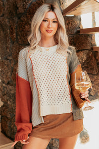 Under Wraps Cable Knit Color Block Sweater (Rust/Multi) - NanaMacs