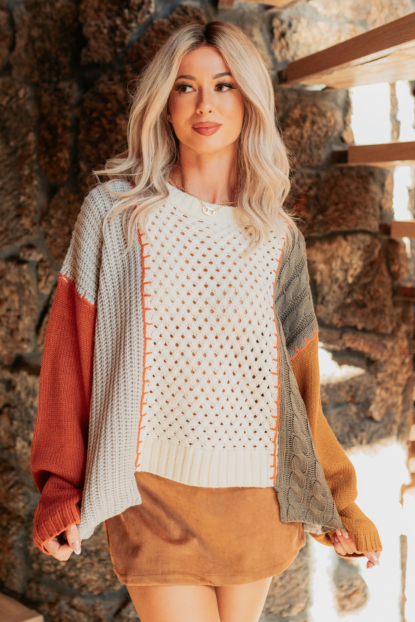 Under Wraps Cable Knit Color Block Sweater (Rust/Multi) - NanaMacs