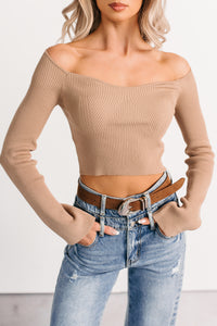 Cute As Ever Ribbed Long Sleeve Knit Crop Top (Camel) - NanaMacs
