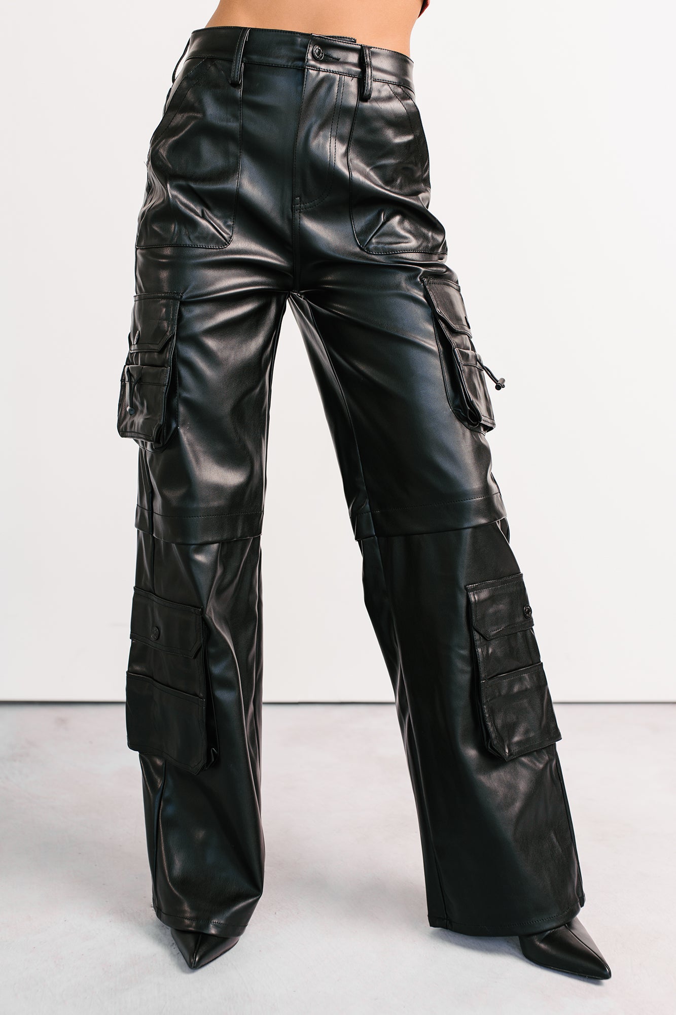 Burke Faux Leather Wide Leg Cargo Pants (Black) · NanaMacs