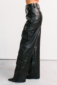 Burke Faux Leather Wide Leg Cargo Pants (Black) - NanaMacs
