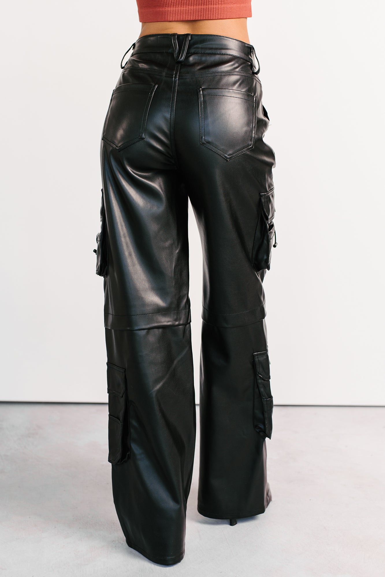Burke Faux Leather Wide Leg Cargo Pants (Black) - NanaMacs